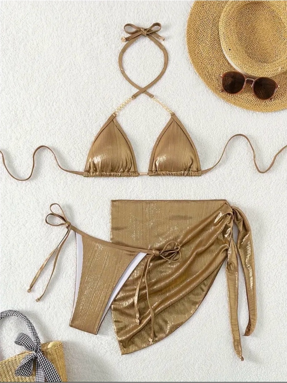 NWOT Shimmery Metallic Gold String Three Piece Bikini Set